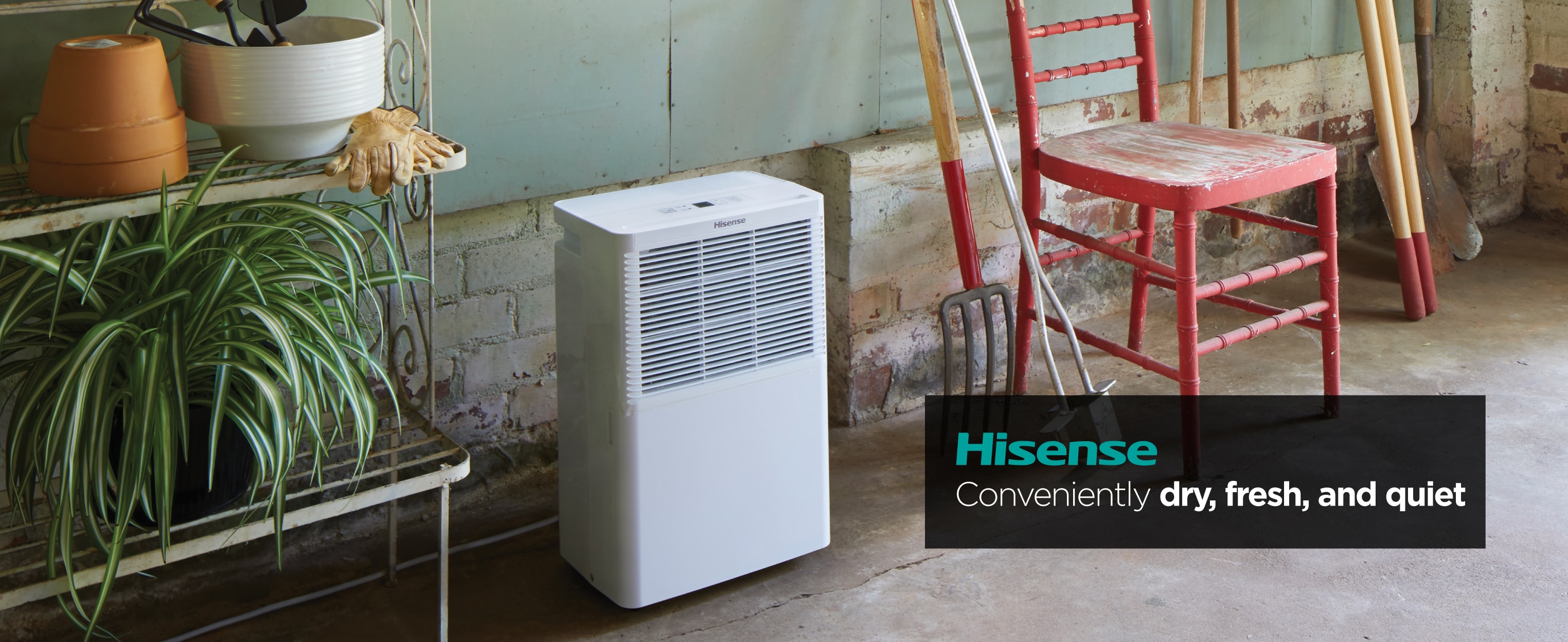 portable ac on outdoor patio with text overlay reading hisense conveniently dry fresh and quiet